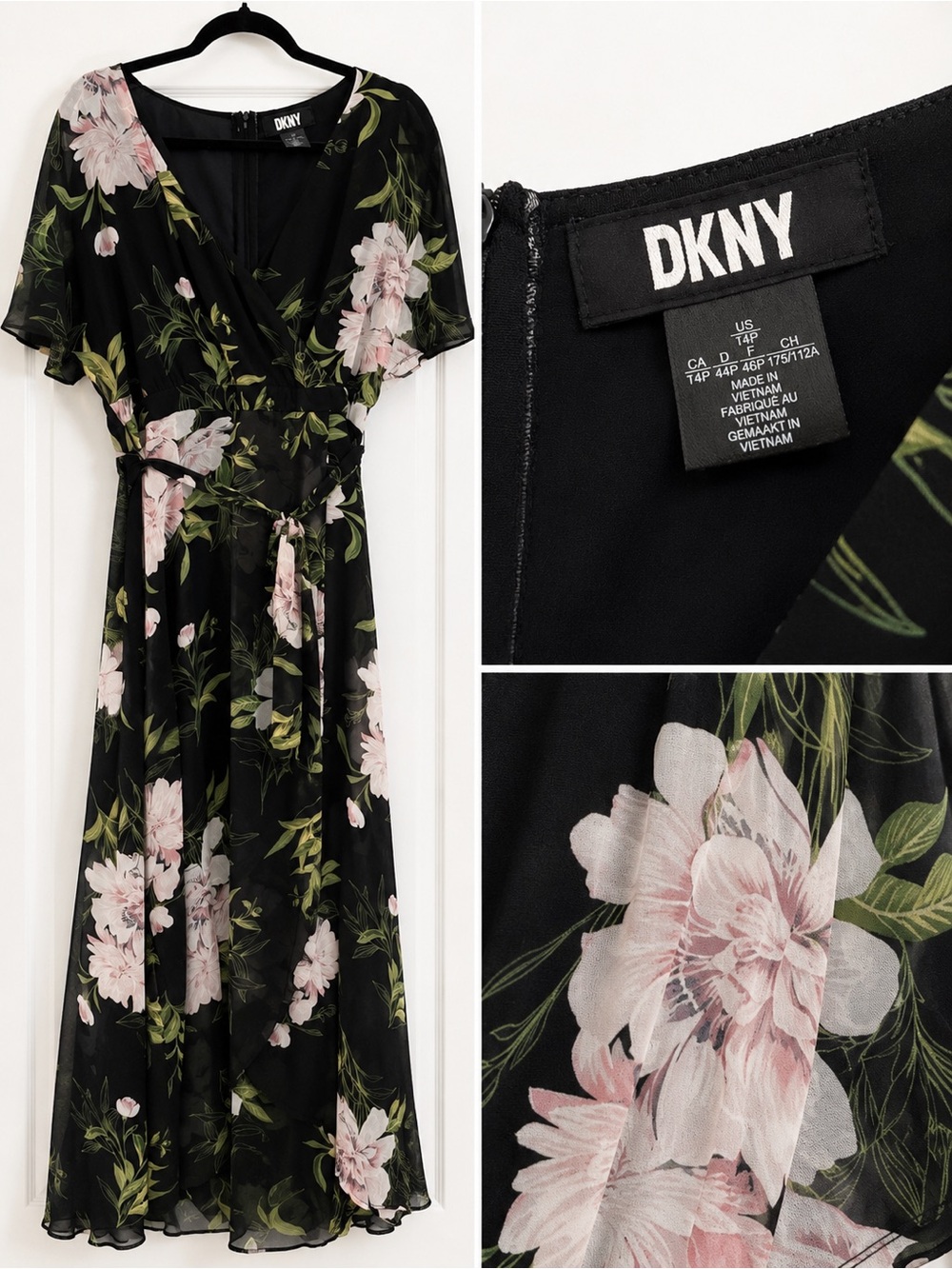 DKNY Black Floral Wrap Maxi Dress with Pink & Green Print